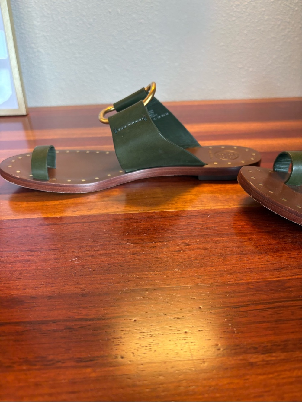 Tory Burch Brannan Studded Sandals in Olive Green Leather with Gold Hardware - Picture 8 of 14